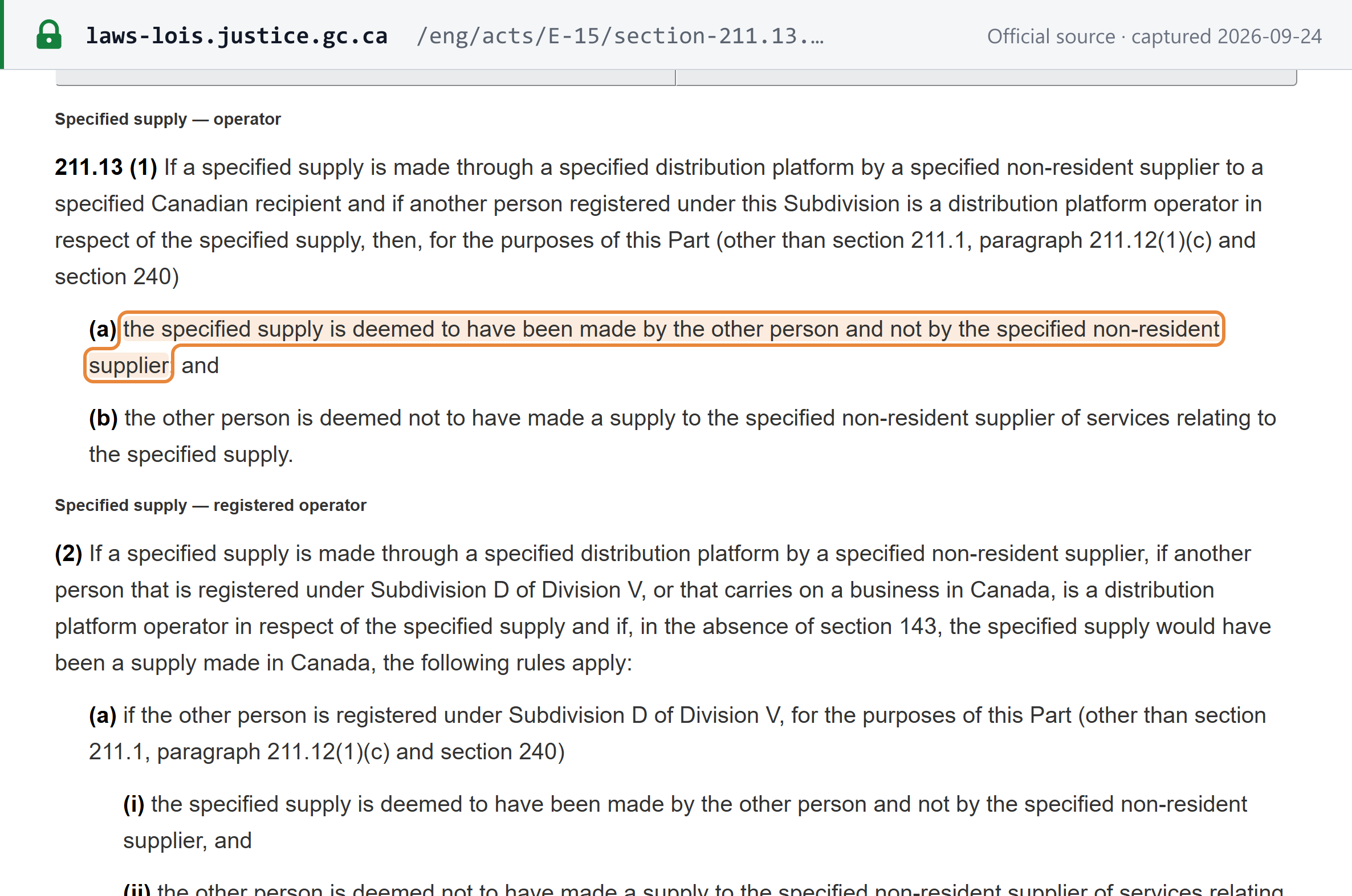 Source snapshot — Excise Tax Act s 211.13(1): a specified supply made through a specified distribution platform by a specified non-resident supplier is deemed to have been made by the distribution platform operator