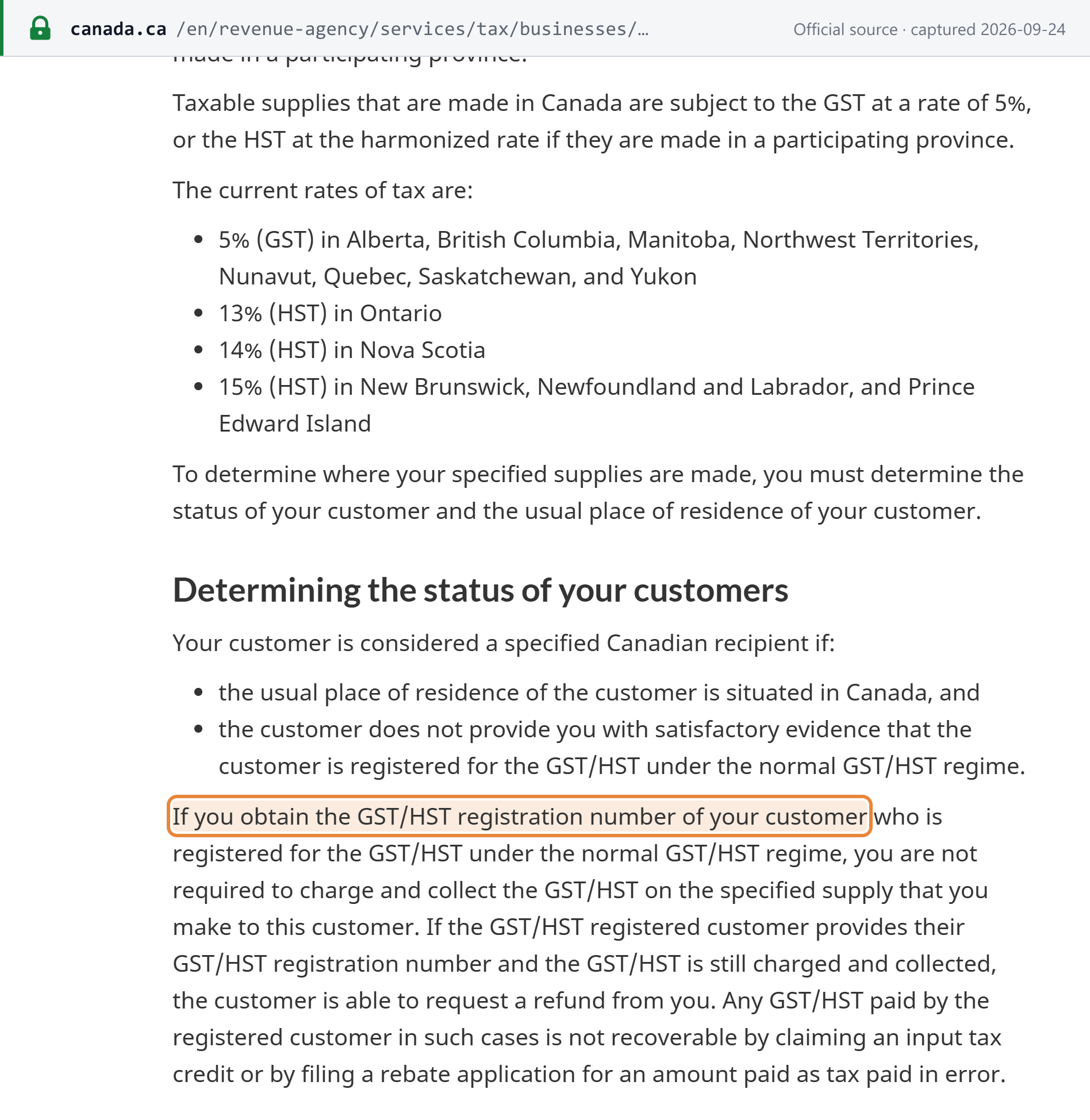 Source snapshot — CRA: GST at 5% or HST at the harmonized rate in a participating province, and no GST/HST to charge where the customer gives a normal-regime GST/HST registration number