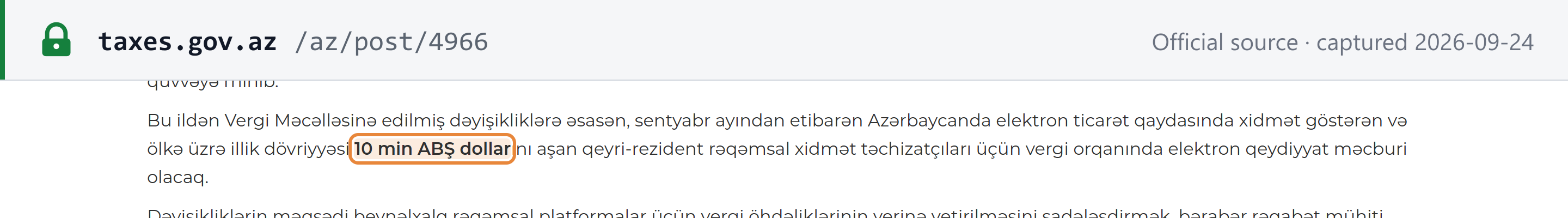 Source snapshot — Azerbaijan State Tax Service: from September electronic registration becomes mandatory for non-resident digital service providers whose annual turnover in the country exceeds USD 10,000