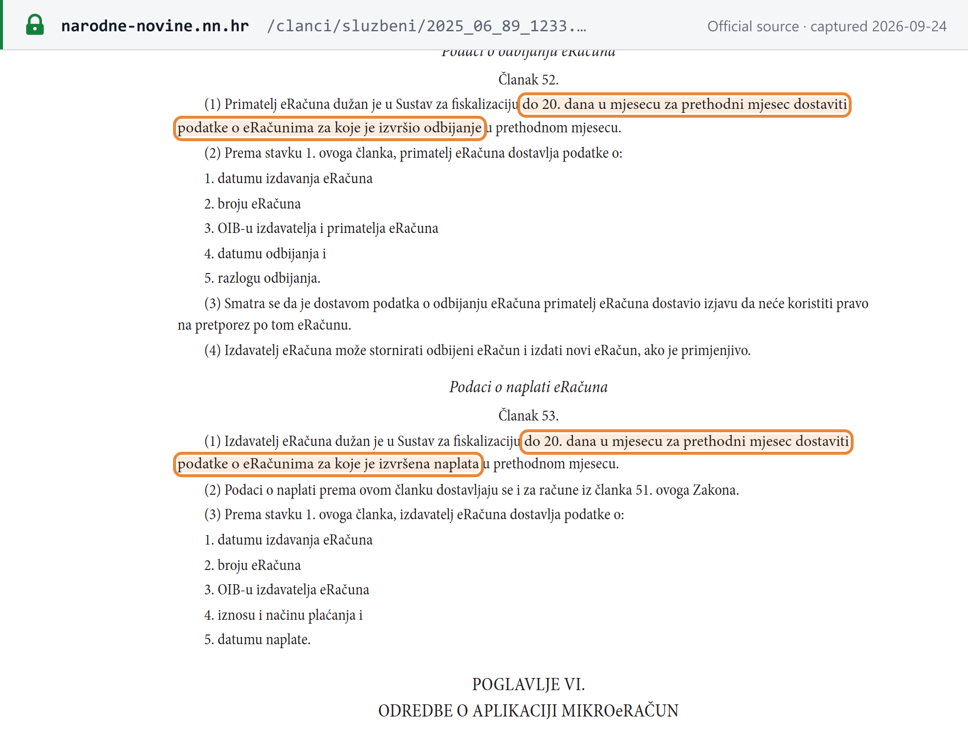 Source snapshot — Fiscalization Act Arts 52–53: recipients report rejected eRačun and issuers report paid eRačun by the 20th of the month for the previous month