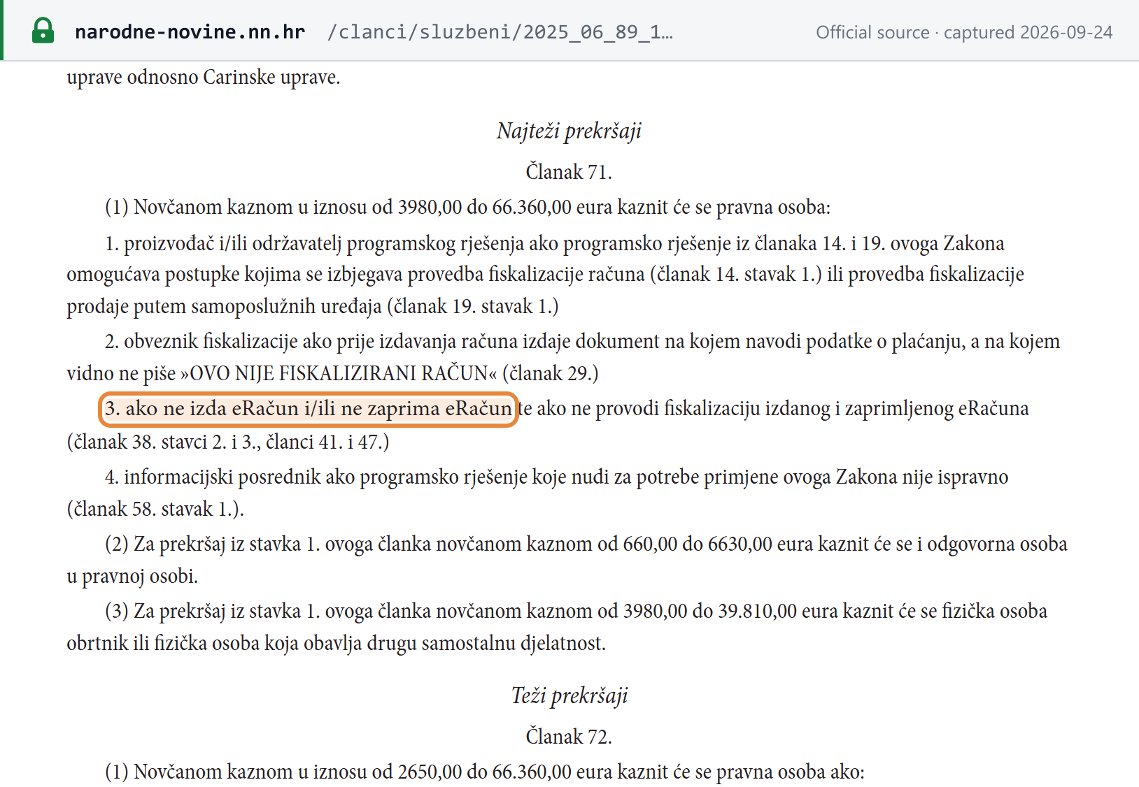 Source snapshot — Fiscalization Act Art 71 (most serious offences): not issuing, not receiving or not fiscalising an eRačun — legal person EUR 3,980–66,360, responsible person EUR 660–6,630, craftsman or self-employed EUR 3,980–39,810