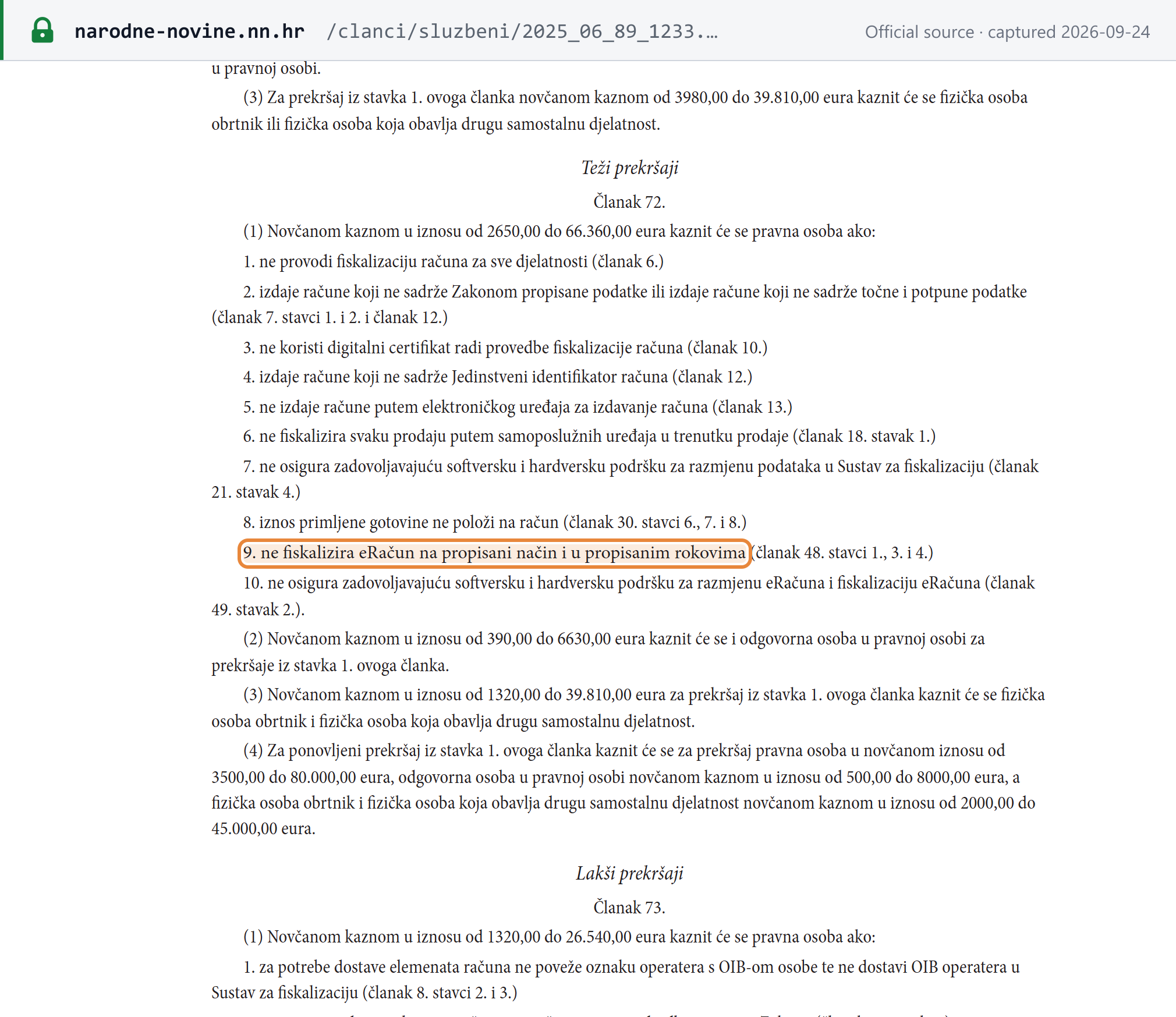 Source snapshot — Fiscalization Act Art 72 (serious offences): point 9, not fiscalising an eRačun as prescribed and on time — legal person EUR 2,650–66,360; repeat offence EUR 3,500–80,000