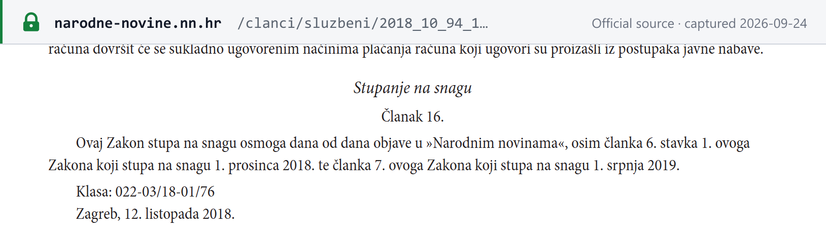Source snapshot — NN 94/2018 Art 16: B2G receiving obligation from 1 December 2018 and issuing obligation from 1 July 2019