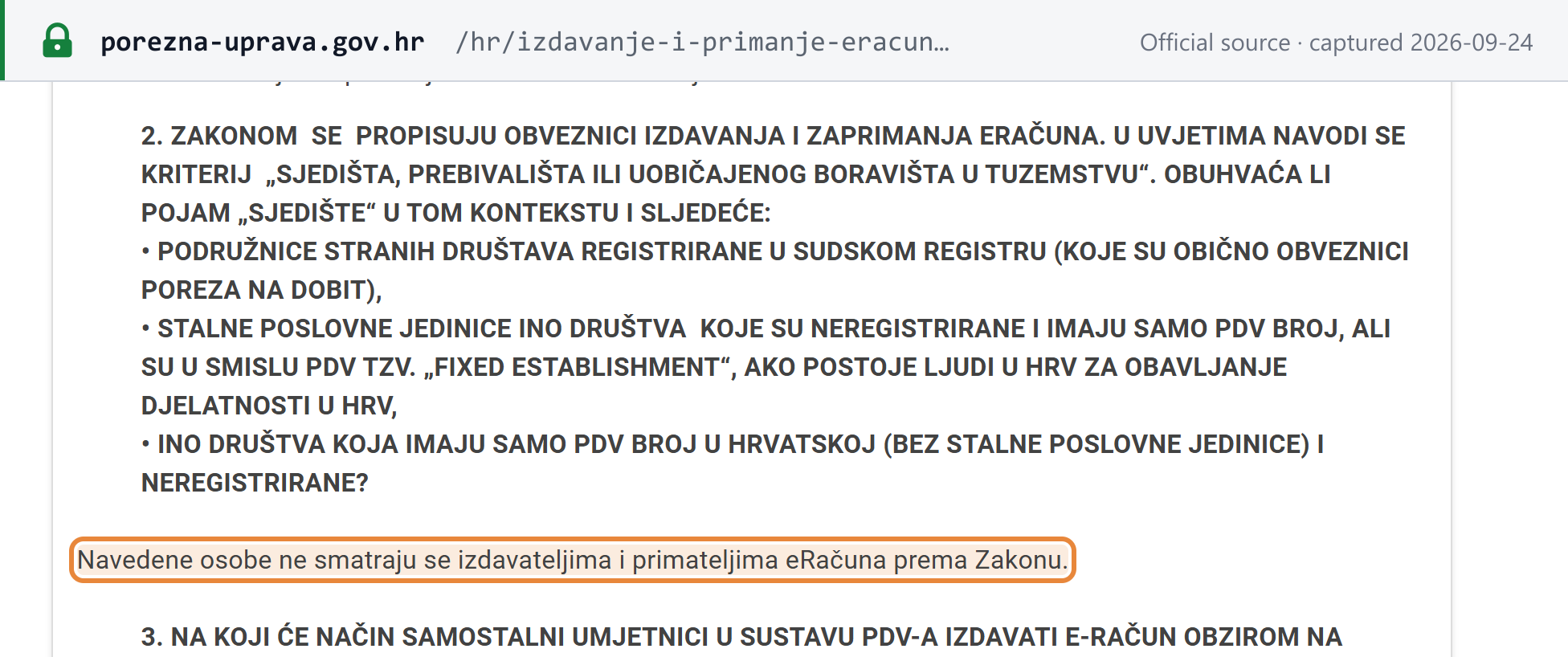 Source snapshot — Porezna uprava FAQ Q2: branches of foreign companies, unregistered fixed establishments and VAT-number-only foreign companies are not considered eRačun issuers or recipients