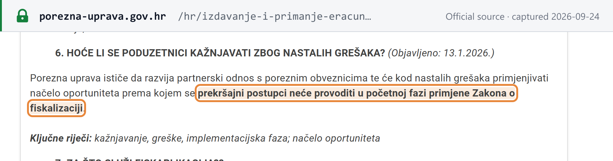 Source snapshot — Porezna uprava FAQ Q6 (published 13 January 2026): misdemeanour proceedings will not be brought in the initial phase of applying the Fiscalization Act