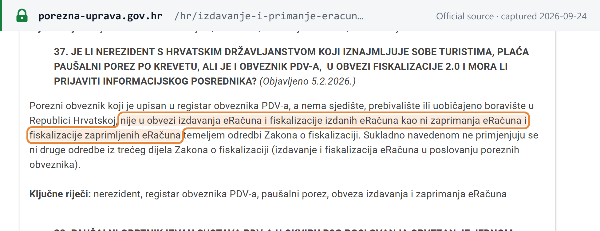 Source snapshot — Porezna uprava FAQ Q37: a VAT-registered taxpayer without seat, residence or habitual residence in Croatia has no eRačun issuing, receiving or fiscalisation obligation
