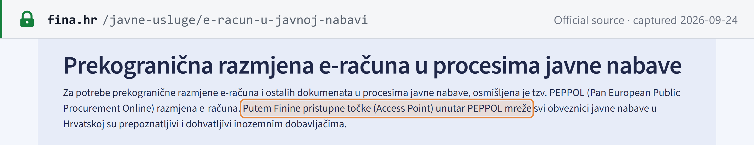 Source snapshot — FINA: cross-border e-invoicing in public procurement runs through FINA's access point in the PEPPOL network