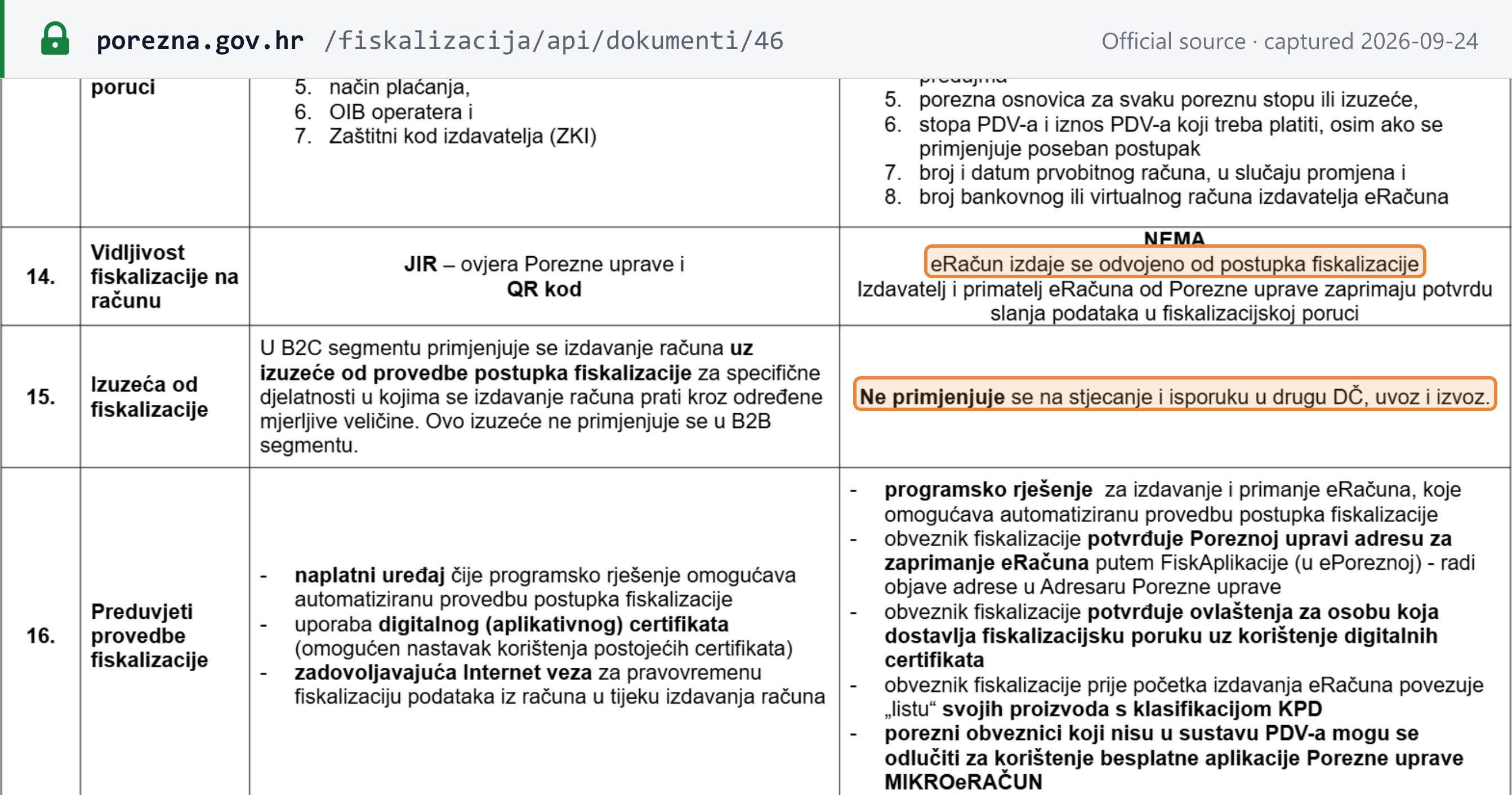 Source snapshot — Porezna uprava's comparison of receipt (B2C, left column) and eRačun (B2B, right column) fiscalisation: row 14, B2B fiscalisation is not visible on the invoice (NEMA) and the eRačun is issued separately from fiscalisation; row 15, intra-EU, import and export are excluded