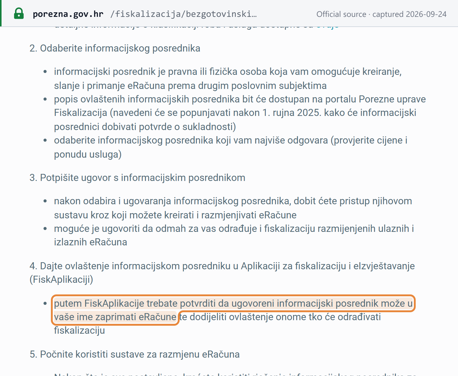 Source snapshot — Porezna uprava's onboarding steps 2–5: choose an information intermediary, sign a contract, authorise it in FiskAplikacija, start exchanging eRačun
