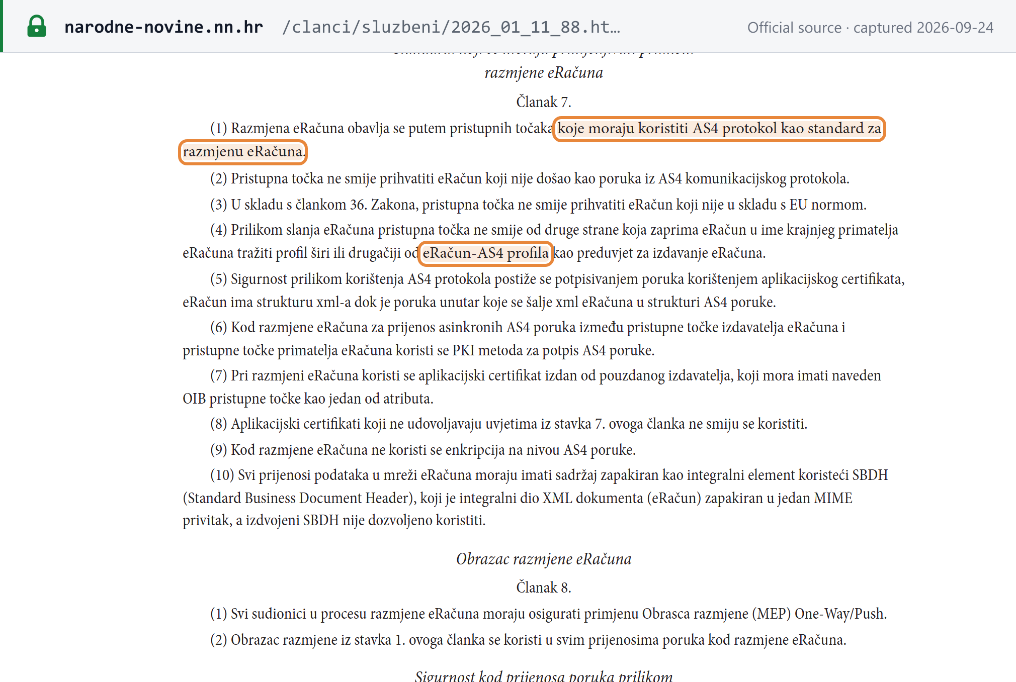 Source snapshot — Pravilnik o eRačunu Art 7: access points must use AS4, must not accept non-AS4 or non-EN-norm eRačun, and must not demand a profile other than eRačun-AS4