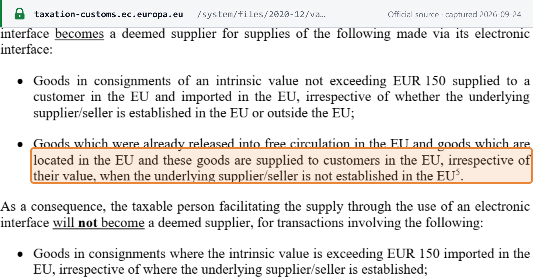 Source snapshot — Commission explanatory notes, section 2.1.3: the two cases where the electronic interface becomes a deemed supplier, and the first case where it does not