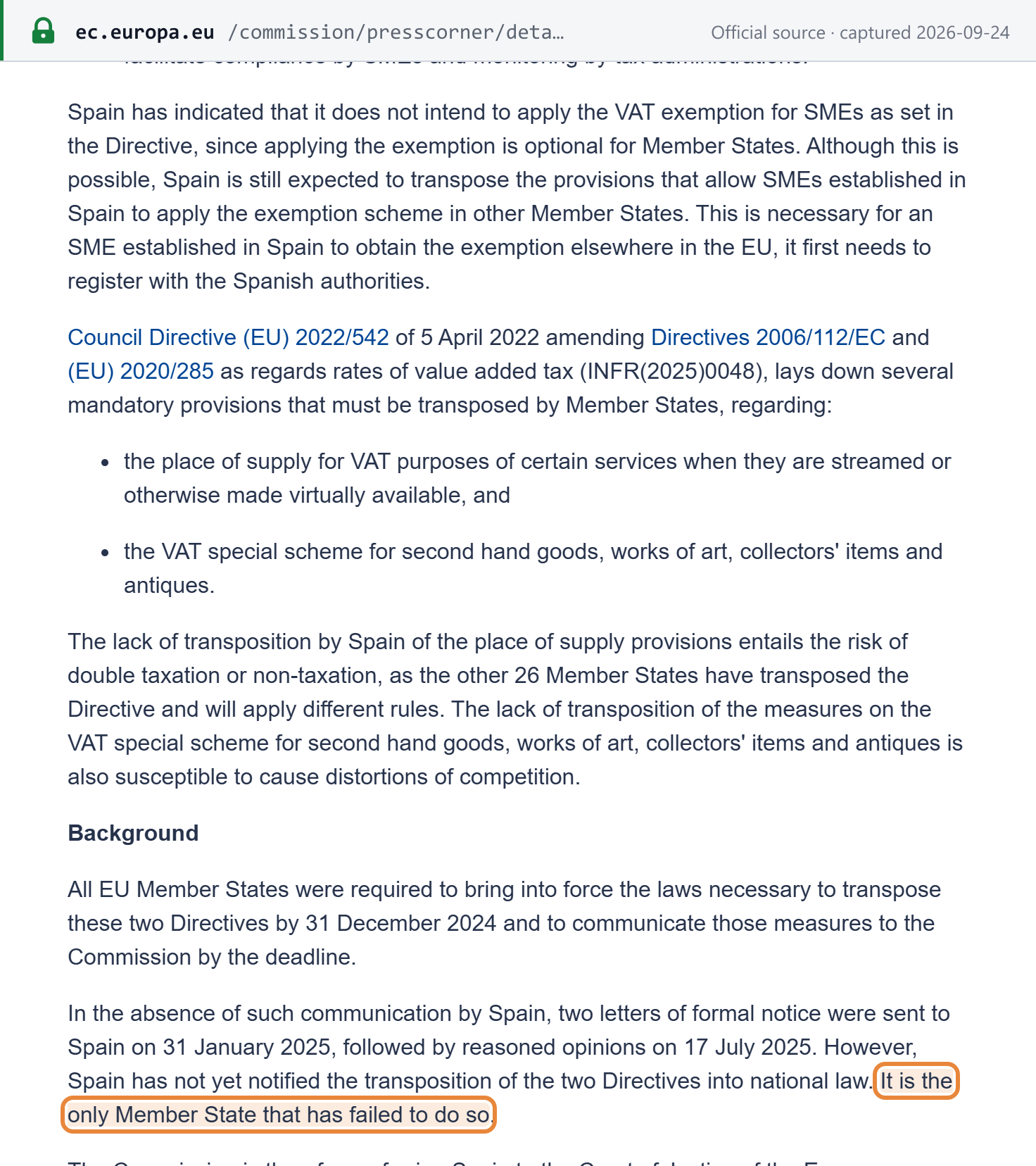 Source snapshot — European Commission press release IP/26/442: Spain has not notified transposition of Directive 2020/285 and "is the only Member State that has failed to do so"