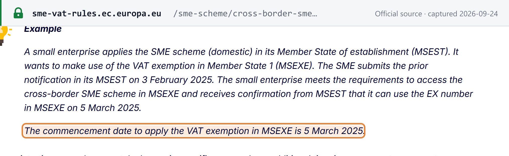 Source snapshot — European Commission cross-border SME scheme page: prior notification on 3 February 2025, EX number confirmed on 5 March 2025, and the exemption in the other member state starting 5 March 2025