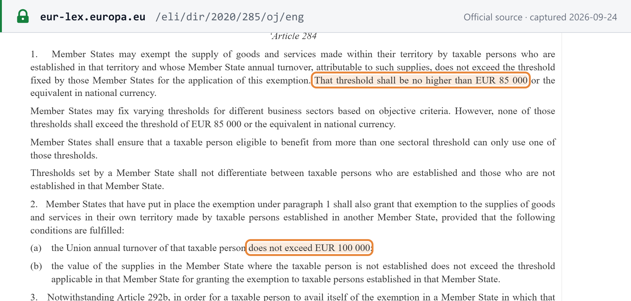 Source snapshot — Directive (EU) 2020/285, new Article 284(1)–(2): the domestic threshold "shall be no higher than EUR 85 000", and the cross-border exemption where "the Union annual turnover of that taxable person does not exceed EUR 100 000"