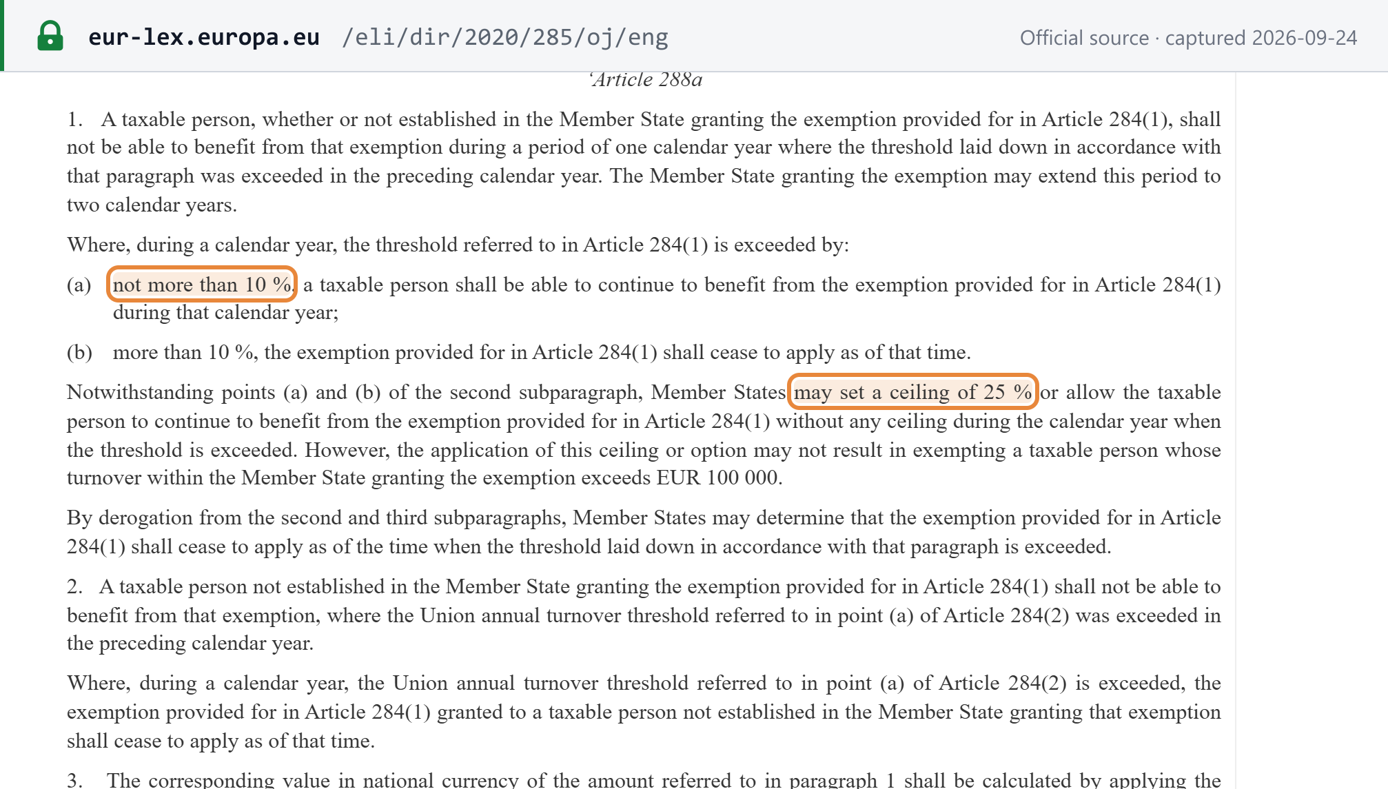 Source snapshot — Directive (EU) 2020/285, new Article 288a: the 10% default tolerance, the 25% ceiling option capped at EUR 100 000, the immediate-exit option, and the end of the cross-border exemption once the Union threshold is exceeded