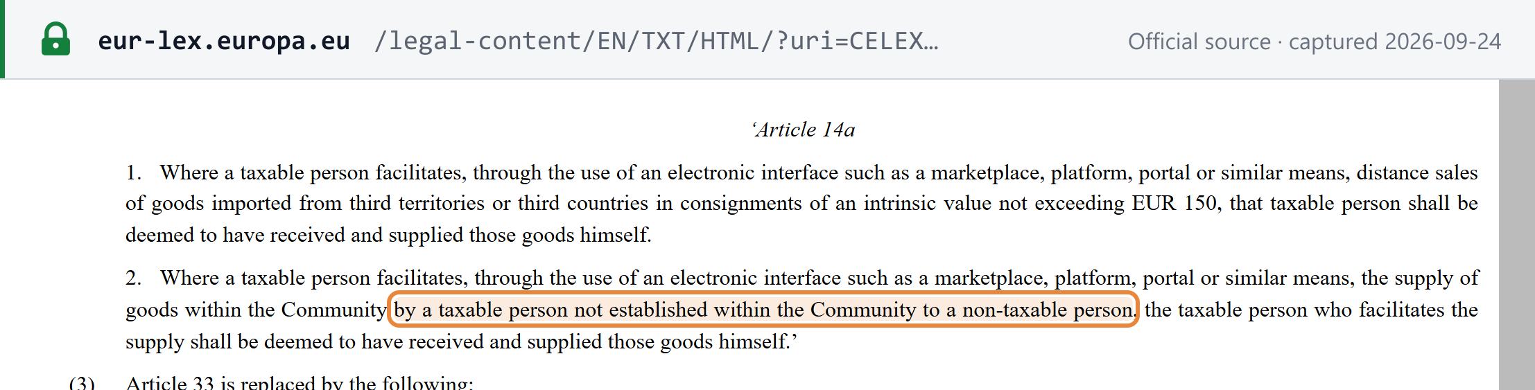 Source snapshot — Article 14a as inserted by Directive (EU) 2017/2455: paragraph 1 (imported consignments not exceeding EUR 150) and paragraph 2 (goods supplied within the Community by a seller not established in the Community to a non-taxable person)