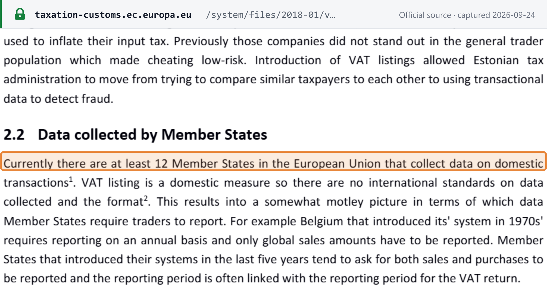 Source snapshot — Fiscalis report (DG TAXUD, January 2018), section 2.2: "Currently there are at least 12 Member States in the European Union that collect data on domestic transactions"