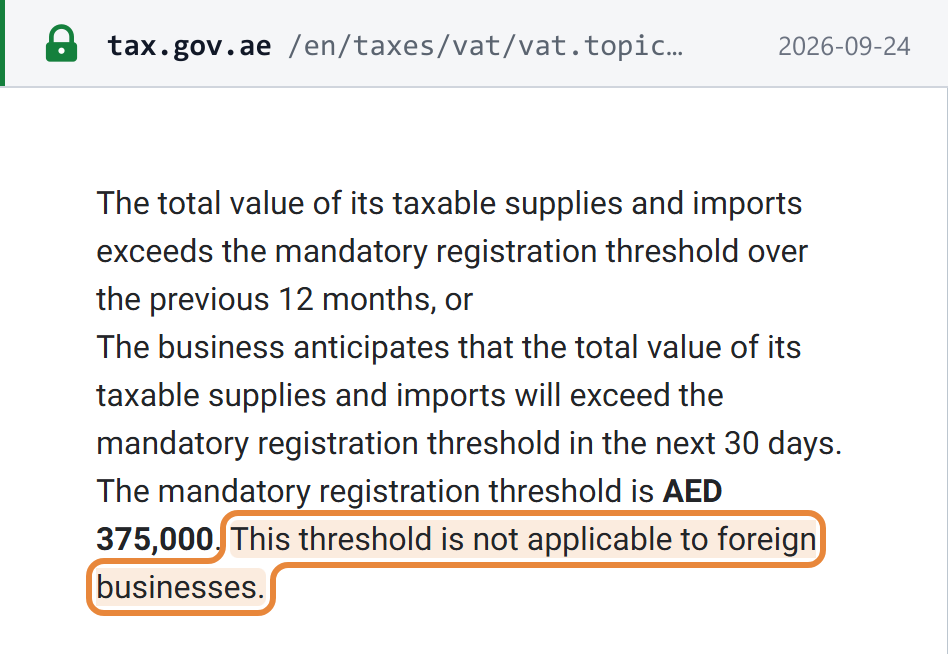 Source snapshot — FTA: the mandatory registration threshold is AED 375,000; "This threshold is not applicable to foreign businesses."