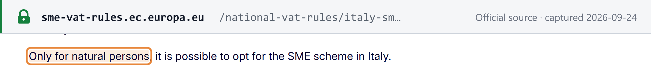 Source snapshot — European Commission Italy SME page: "Only for natural persons, it is possible to opt for the SME scheme in Italy."