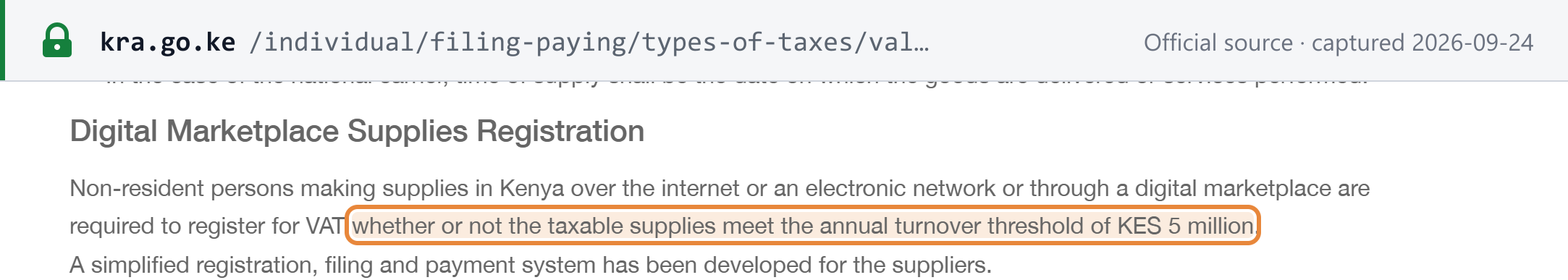 Source snapshot — KRA: non-resident persons supplying over the internet, an electronic network or a digital marketplace must register whether or not they meet the KES 5 million annual turnover threshold
