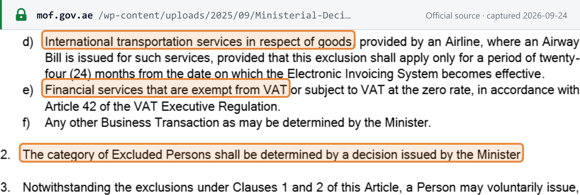 Source snapshot — MD 243 of 2025 Art. 4(1)(d)–(f) and 4(2): Airway Bill exclusion for 24 months only; VAT-exempt or zero-rated financial services excluded; Excluded Persons to be set by a Minister's decision