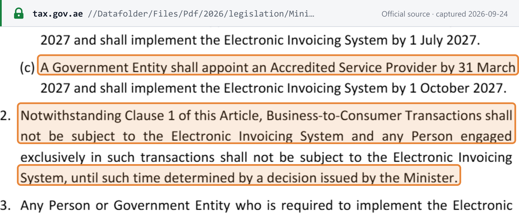 Source snapshot — MD 244 of 2025 Art. 5(1)(c): Government Entities appoint an ASP by 31 March 2027 and implement by 1 October 2027; Art. 5(2): B2C transactions not subject until a decision issued by the Minister