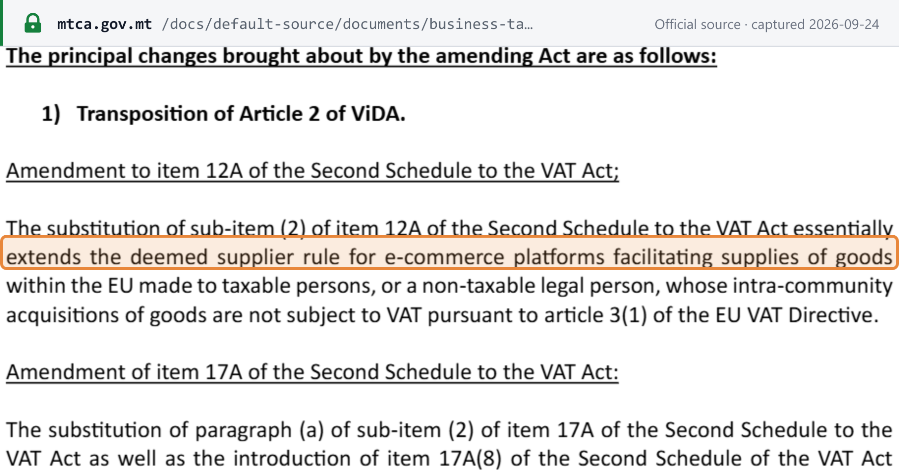 Source snapshot — Malta Tax and Customs Administration explanatory notes: the substituted item 12A(2) extends the deemed supplier rule to supplies within the EU made to taxable persons, or a non-taxable legal person, whose intra-community acquisitions are not subject to VAT under article 3(1)