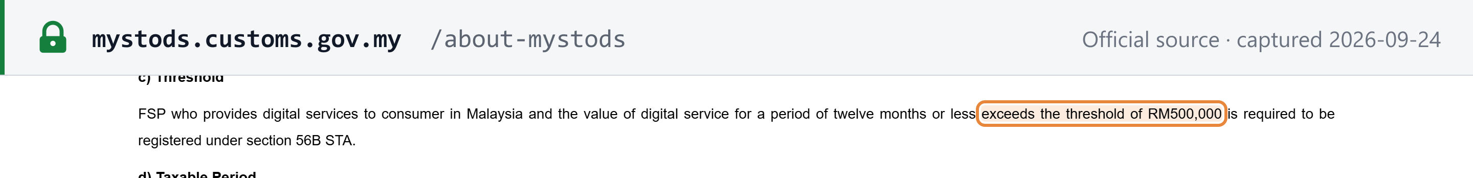 Source snapshot — RMCD MySToDS: a foreign service provider whose digital services to Malaysian consumers exceed the threshold of RM500,000 in twelve months must register under section 56B STA