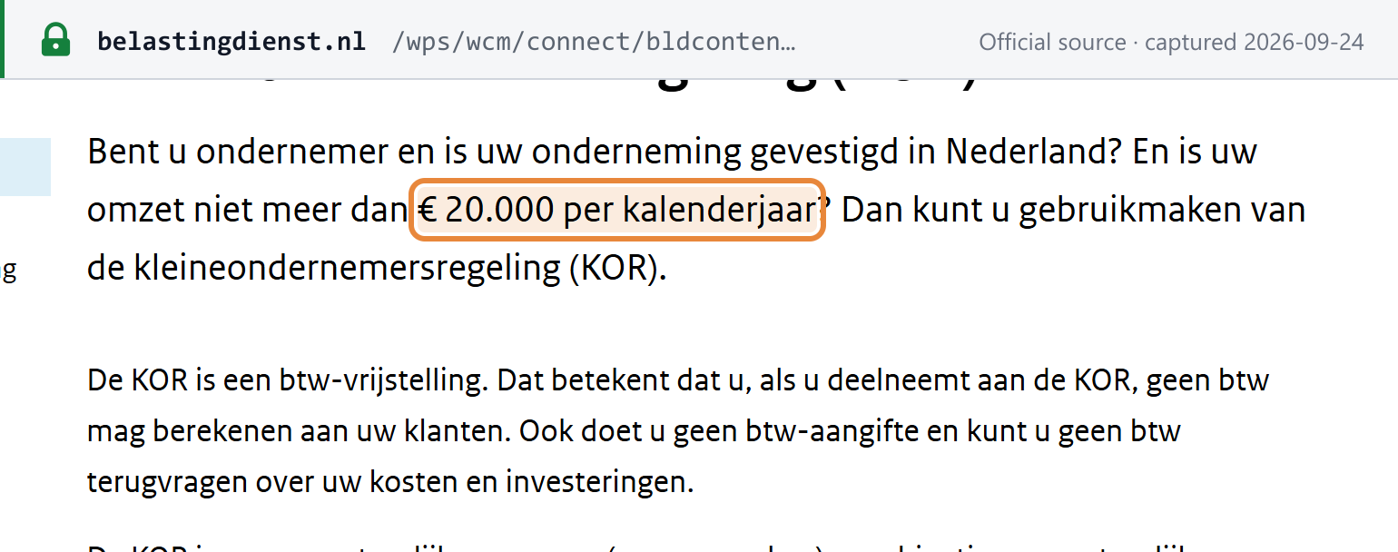 Source snapshot — Belastingdienst: businesses established in the Netherlands with turnover of no more than EUR 20,000 per calendar year can use the KOR