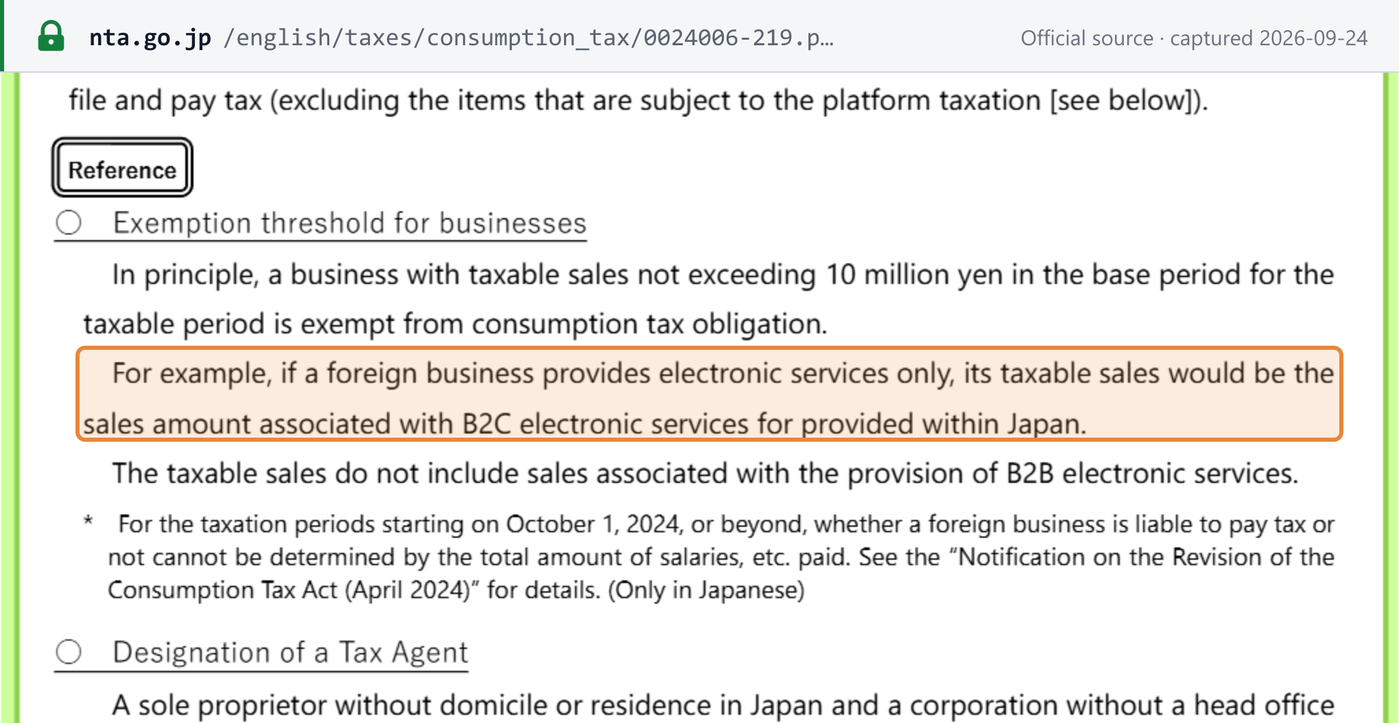 Source snapshot — NTA: a business with taxable sales not exceeding 10 million yen in the base period is exempt; for a foreign business providing electronic services only, taxable sales are its B2C electronic-service sales within Japan, excluding B2B electronic services