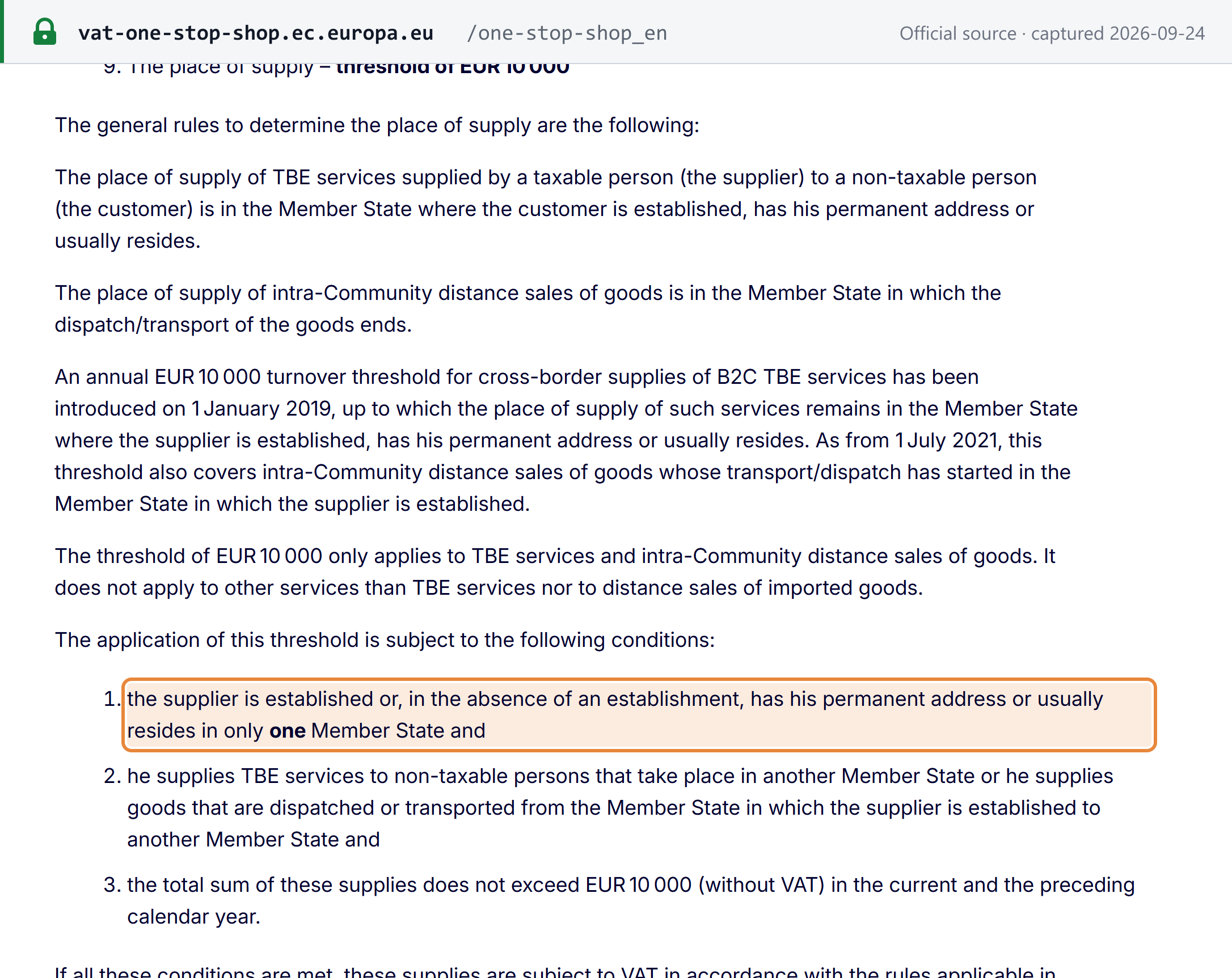 Source snapshot — European Commission: the EUR 10,000 place-of-supply threshold for B2C TBE services and its conditions, the first being that the supplier is established in only one Member State