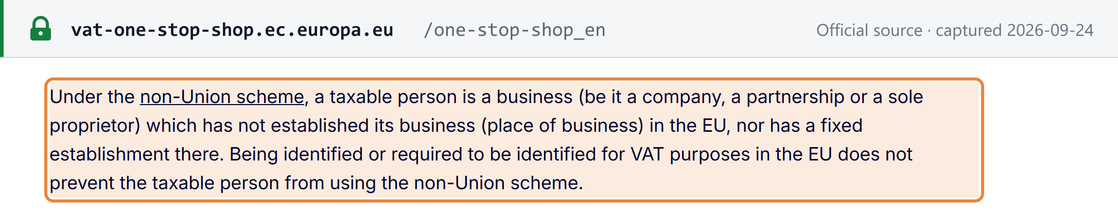 Source snapshot — European Commission: under the non-Union scheme, a taxable person is a business with no place of business or fixed establishment in the EU