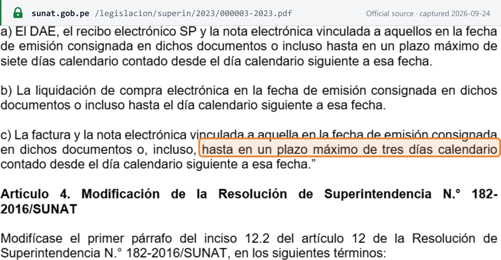 Source snapshot — RS 000003-2023/SUNAT: factura and linked note to be sent on the issue date or within a maximum of three calendar days from the next day