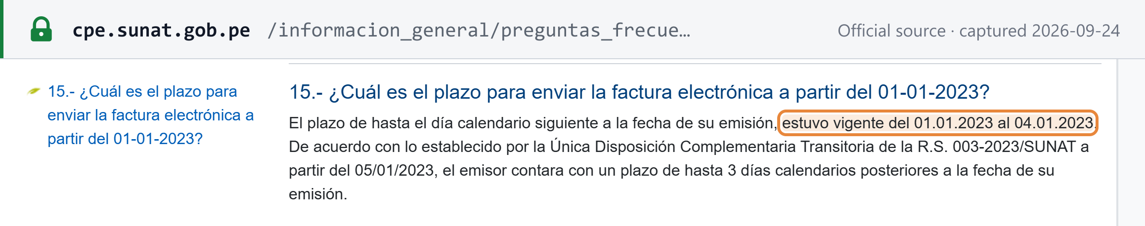 Source snapshot — SUNAT FAQ #15: the next-day send rule was in force from 1 to 4 January 2023; from 5 January 2023 issuers have up to 3 calendar days