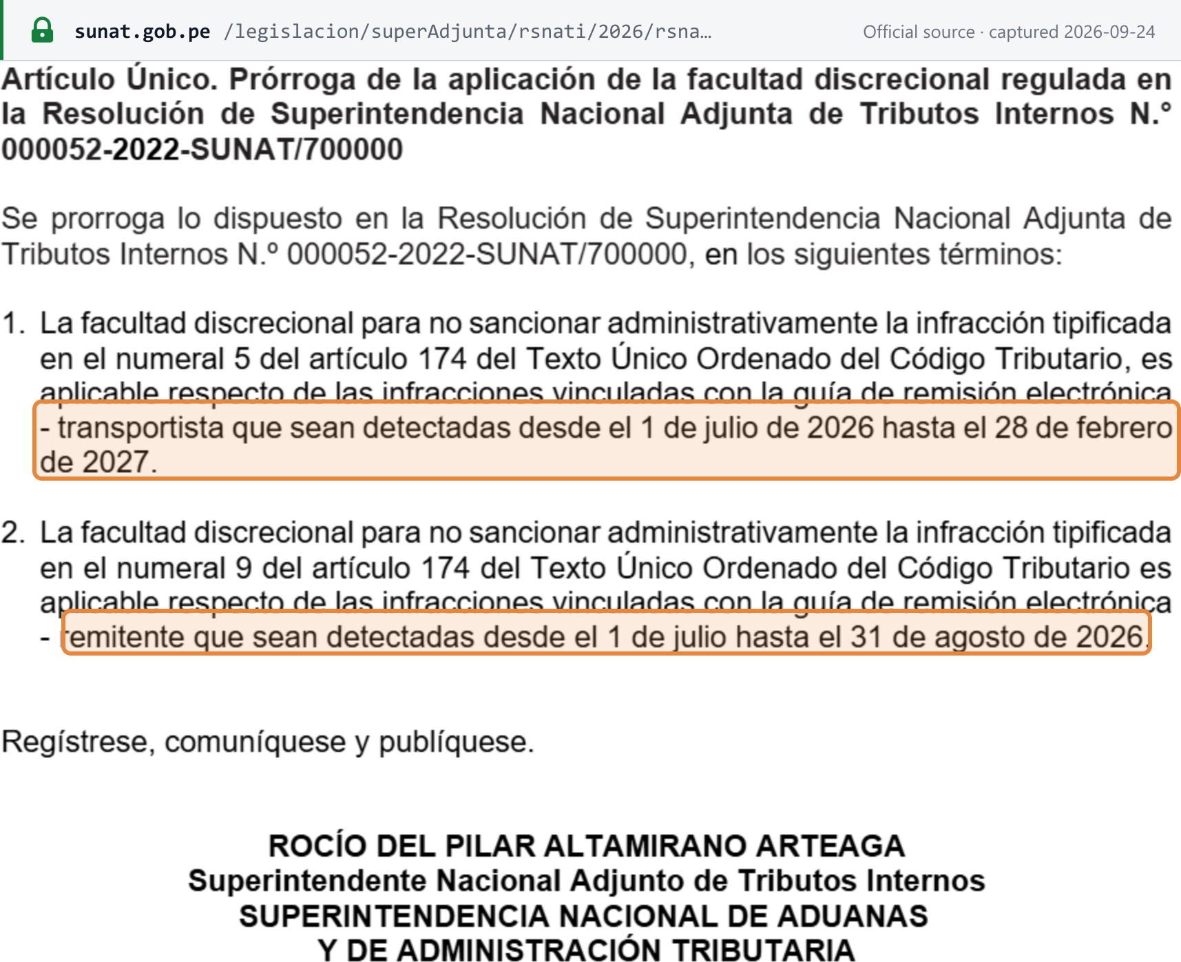 Source snapshot — RSNATI 000031-2026: no sanction for GRE carrier infractions detected 1 July 2026 to 28 February 2027, and GRE shipper infractions detected 1 July to 31 August 2026