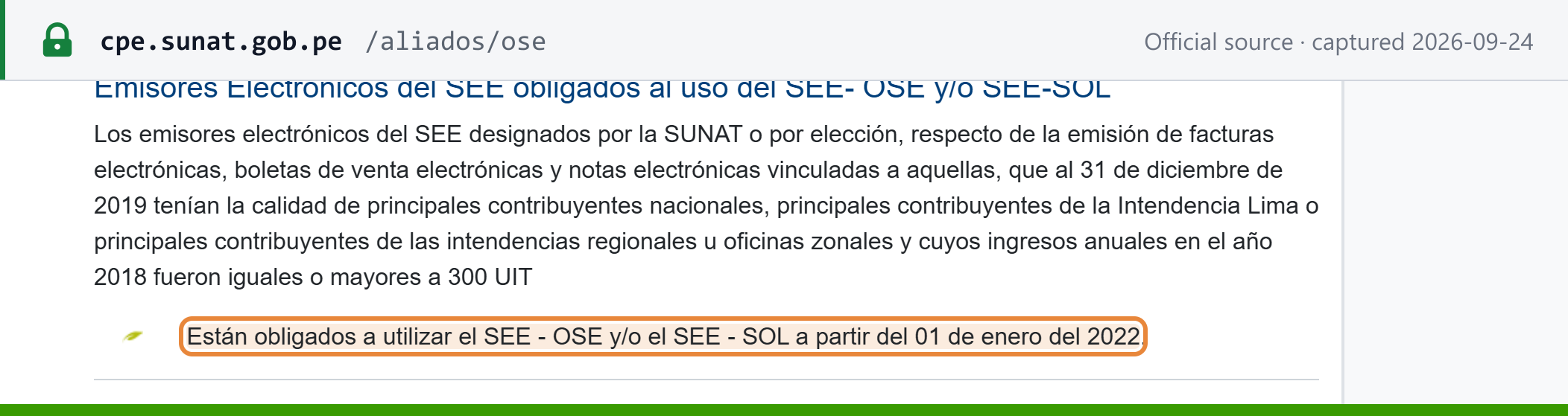 Source snapshot — SUNAT OSE page: e-issuers that at 31 December 2019 were principales contribuyentes with 2018 income of at least 300 UIT must use SEE-OSE and/or SEE-SOL from 1 January 2022