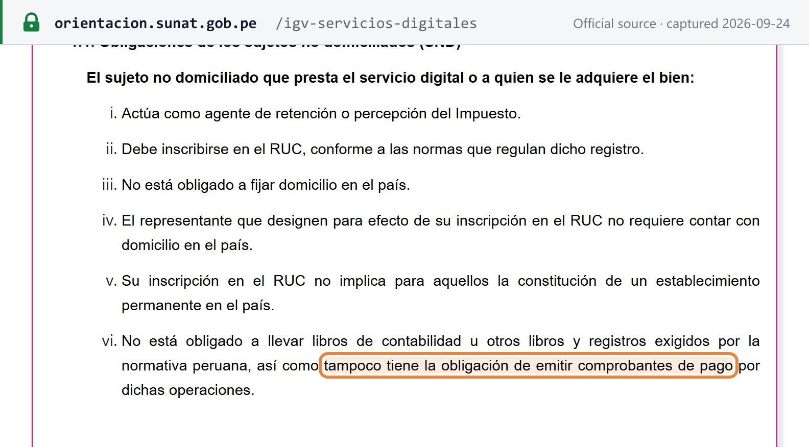 Source snapshot — SUNAT Orientación, obligations of the non-domiciled digital-service provider: act as IGV agent, register in the RUC, and no obligation to issue comprobantes de pago for those operations