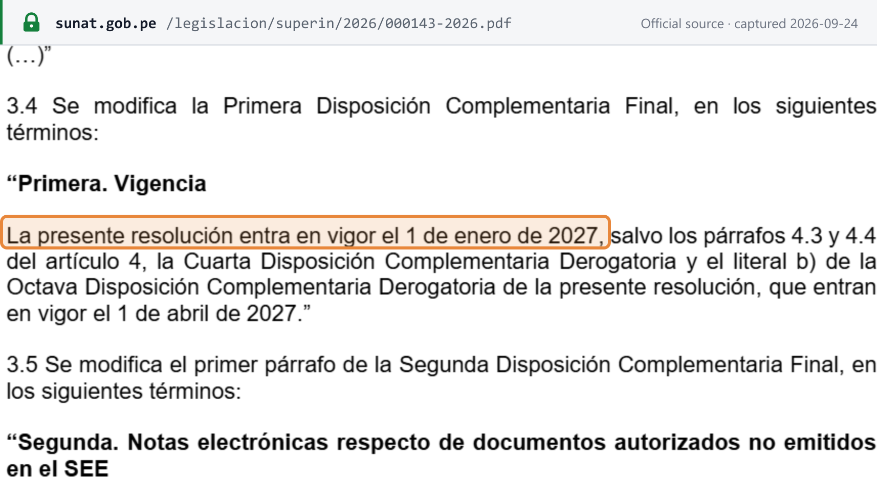 Source snapshot — RS 000143-2026/SUNAT article 3.4 rewrites the vigencia clause of RS 000048-2026: in force 1 January 2027, with listed provisions from 1 April 2027