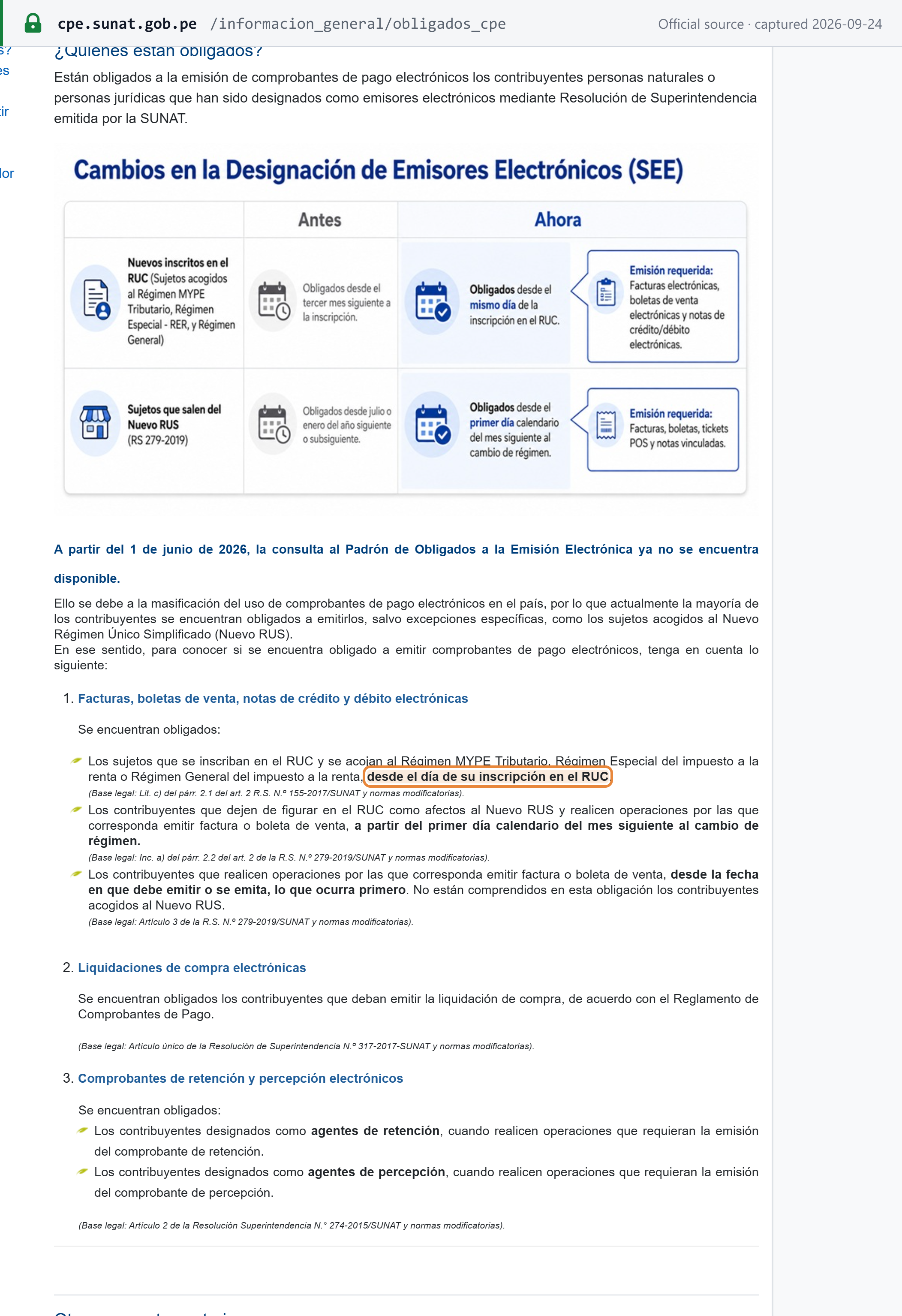 Source snapshot — SUNAT's who-must-issue page: new RUC registrants are obliged from the day of registration, the Padrón lookup was withdrawn on 1 June 2026, and everyone issuing facturas or boletas is obliged except the Nuevo RUS