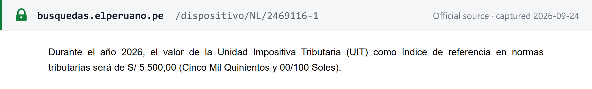 Source snapshot — Decreto Supremo 301-2025-EF: the UIT for 2026 is S/ 5 500,00