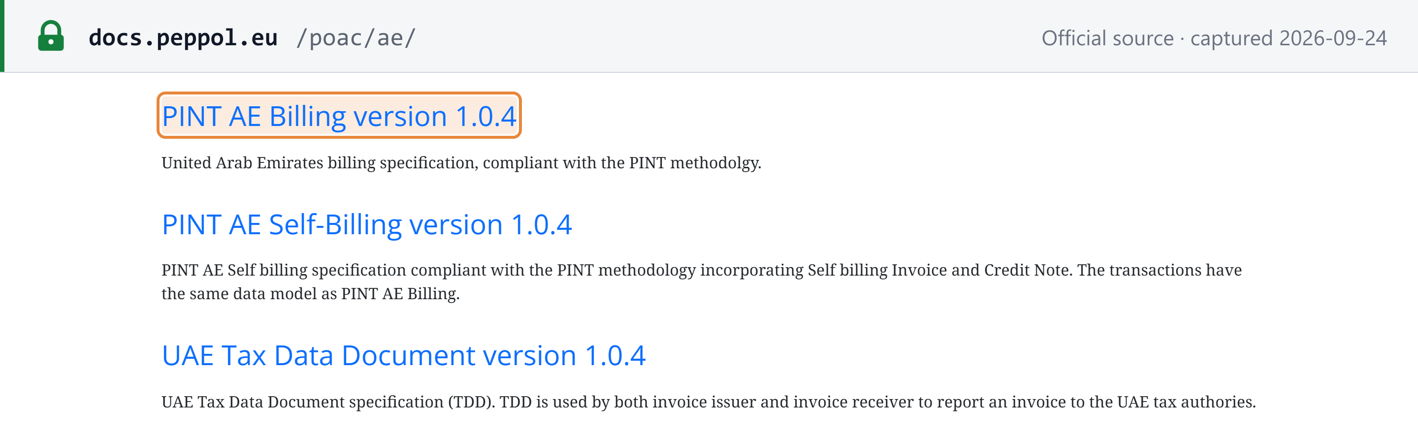Source snapshot — OpenPeppol docs.peppol.eu (not a UAE government site): PINT AE Billing 1.0.4, PINT AE Self-Billing 1.0.4 and UAE Tax Data Document 1.0.4