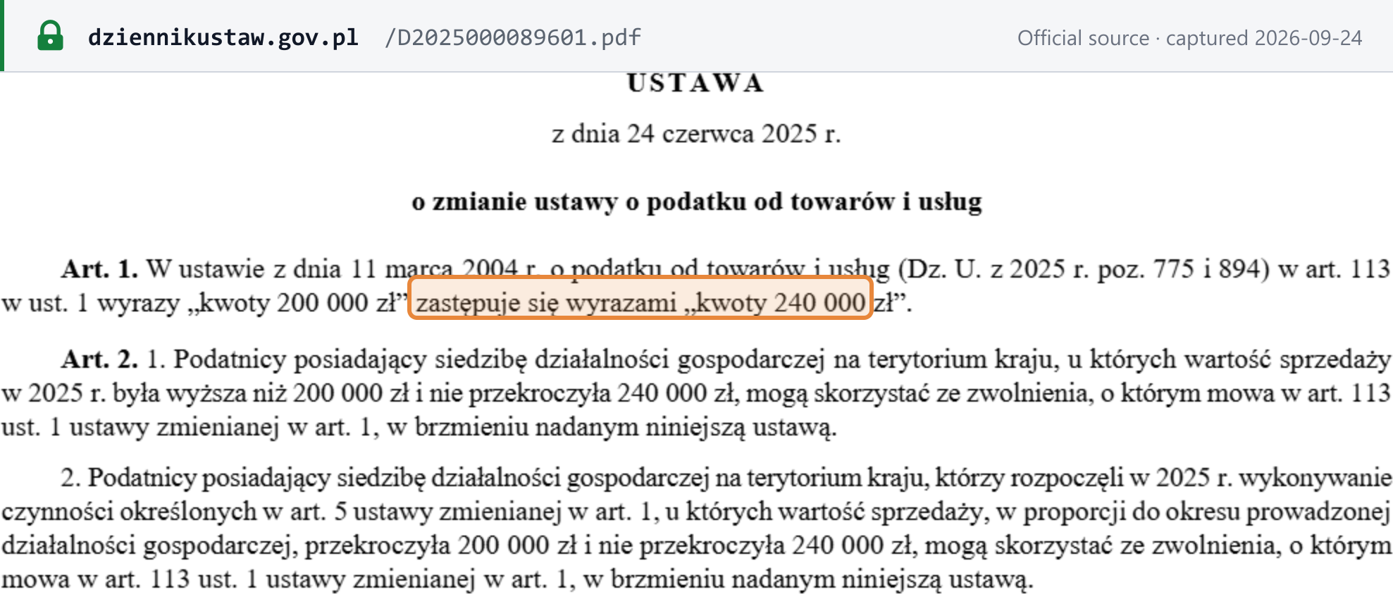 Source snapshot — Dziennik Ustaw 2025 poz. 896: in art. 113(1) the words "PLN 200 000" are replaced by "PLN 240 000"
