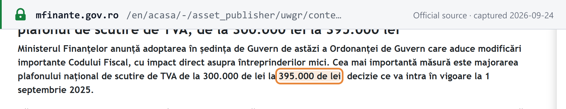Source snapshot — Romanian Ministry of Finance: the national VAT exemption ceiling rises from RON 300,000 to RON 395,000, in force 1 September 2025