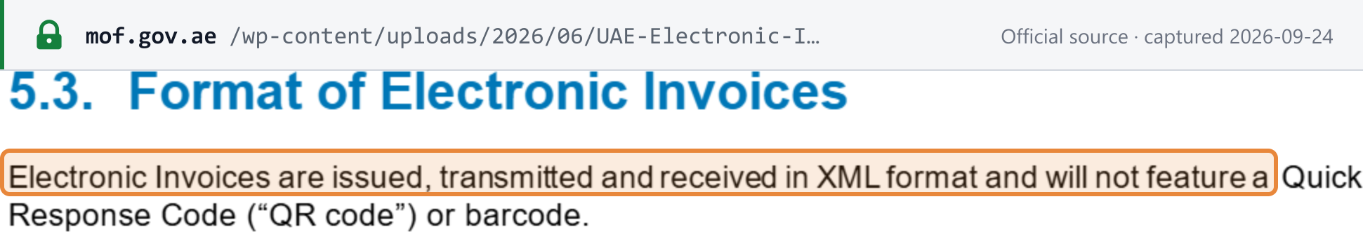 Source snapshot — MoF Guidelines V1.1 §5.3: Electronic Invoices are issued, transmitted and received in XML format and will not feature a QR code or barcode
