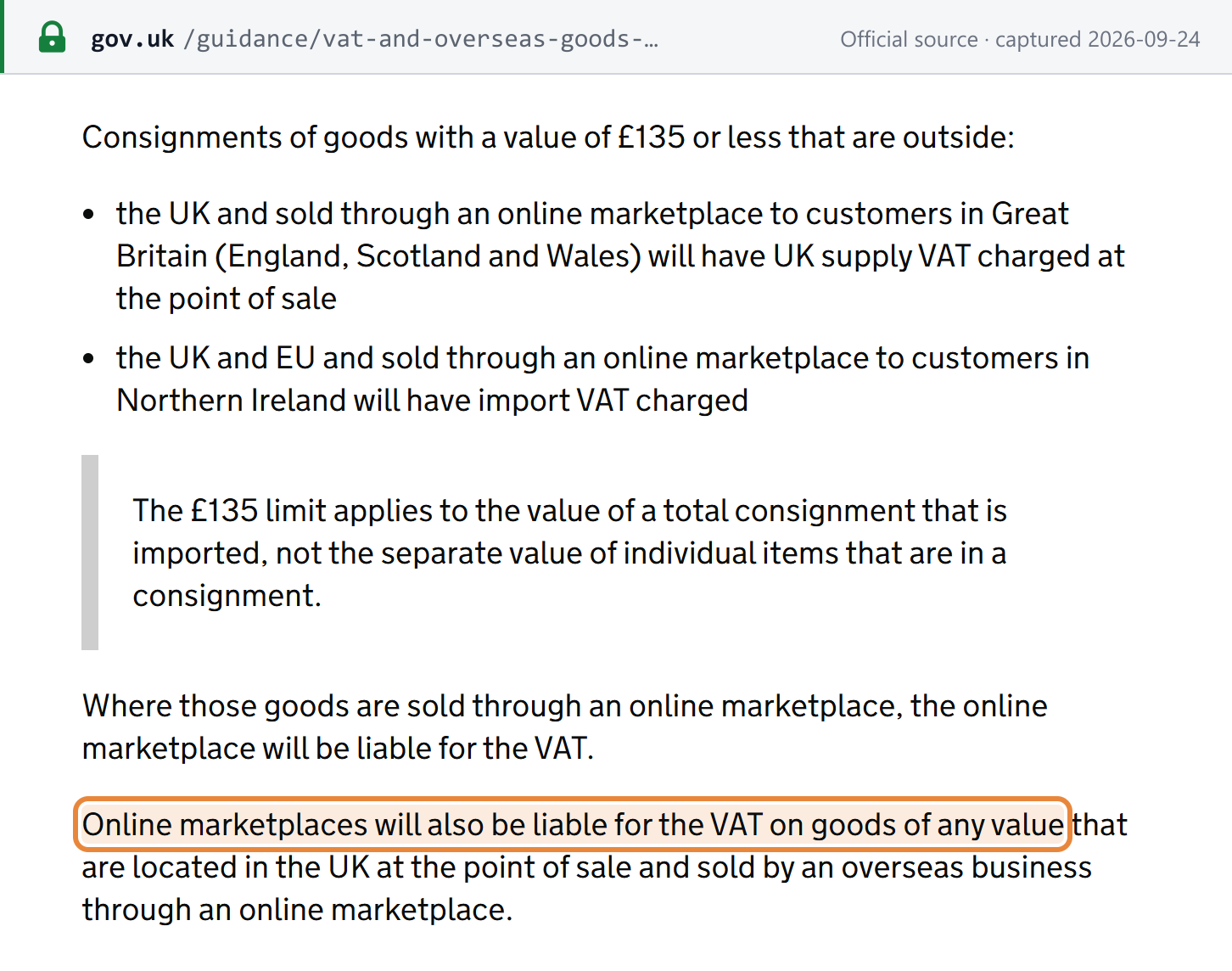 Source snapshot — HMRC guidance: consignments of £135 or less sold through an online marketplace, and the marketplace's liability for goods of any value located in the UK and sold by an overseas business