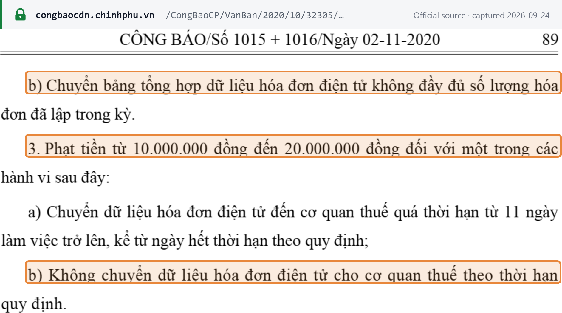 Source snapshot — Decree 125/2020 Article 30(2)(b)–(3): an incomplete summary table; VND 10,000,000 to 20,000,000 for 11 or more working days late or not transmitting e-invoice data at all