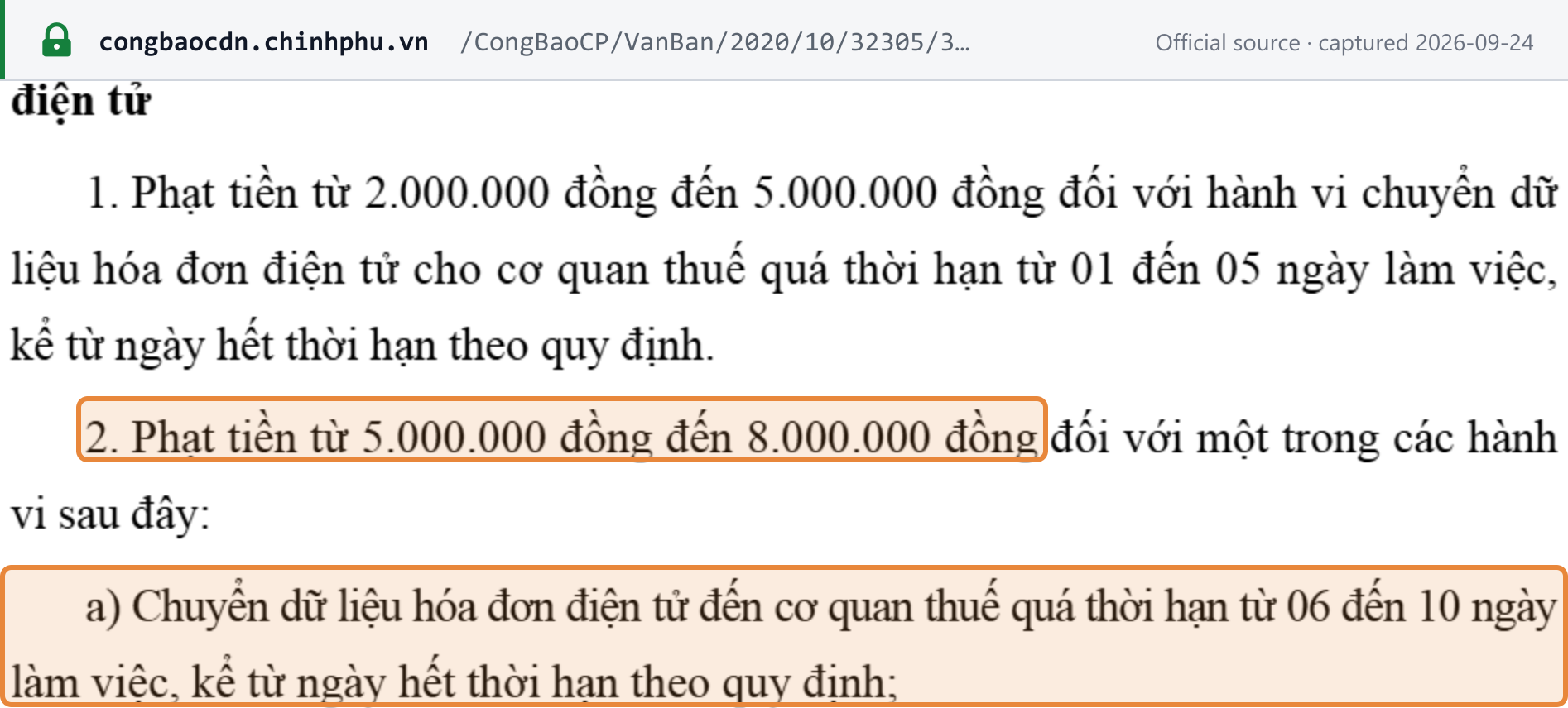 Source snapshot — Decree 125/2020 Article 30(1) and (2)(a): e-invoice data sent 1 to 5 working days late, VND 2,000,000 to 5,000,000; 6 to 10 working days late, VND 5,000,000 to 8,000,000