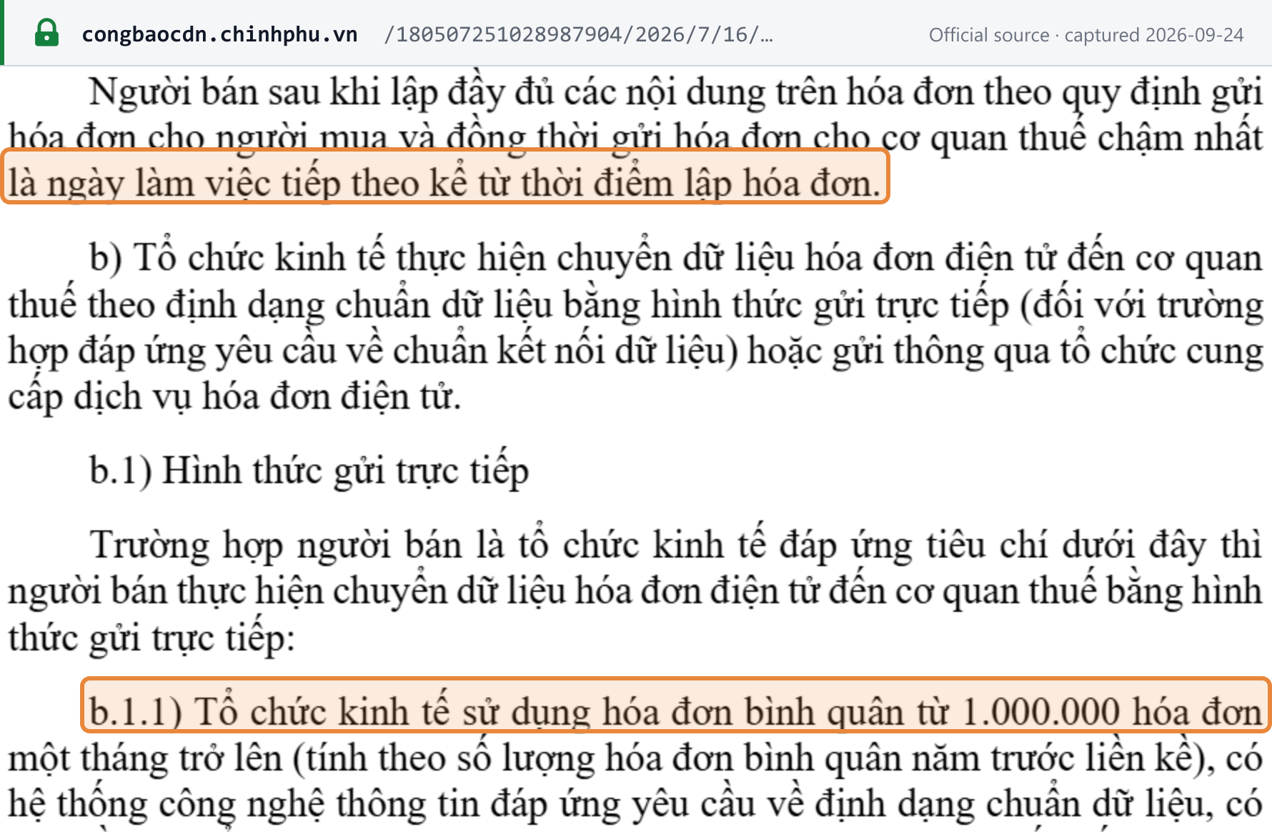 Source snapshot — Decree 254/2026 Article 16(3): non-coded invoice data goes to the tax authority no later than the next working day after the invoice time (a.3); direct connection is for organisations averaging 1,000,000 invoices a month or more (b.1.1)