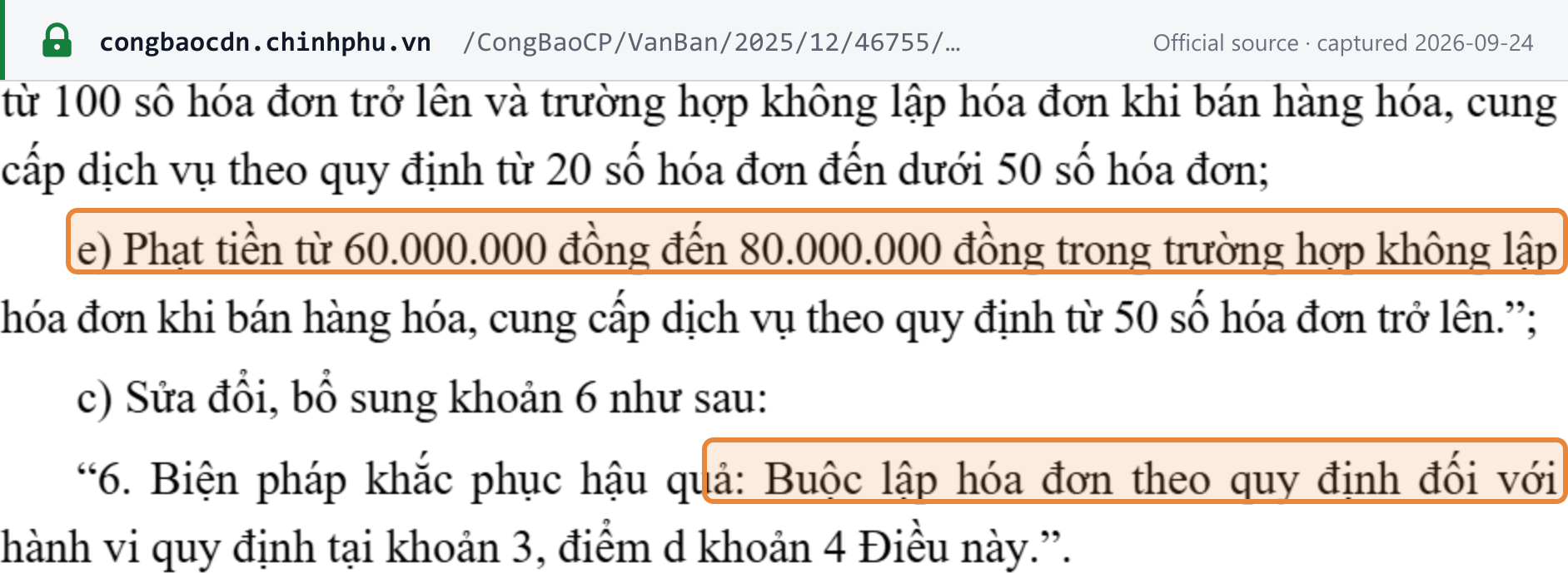 Source snapshot — Decree 310/2025: rewritten Decree 125/2020 Article 24(3)(e) fines failing to issue invoices on sales of 50 invoices or more at VND 60,000,000 to 80,000,000, and khoản 6 compels issuance for the whole of khoản 3
