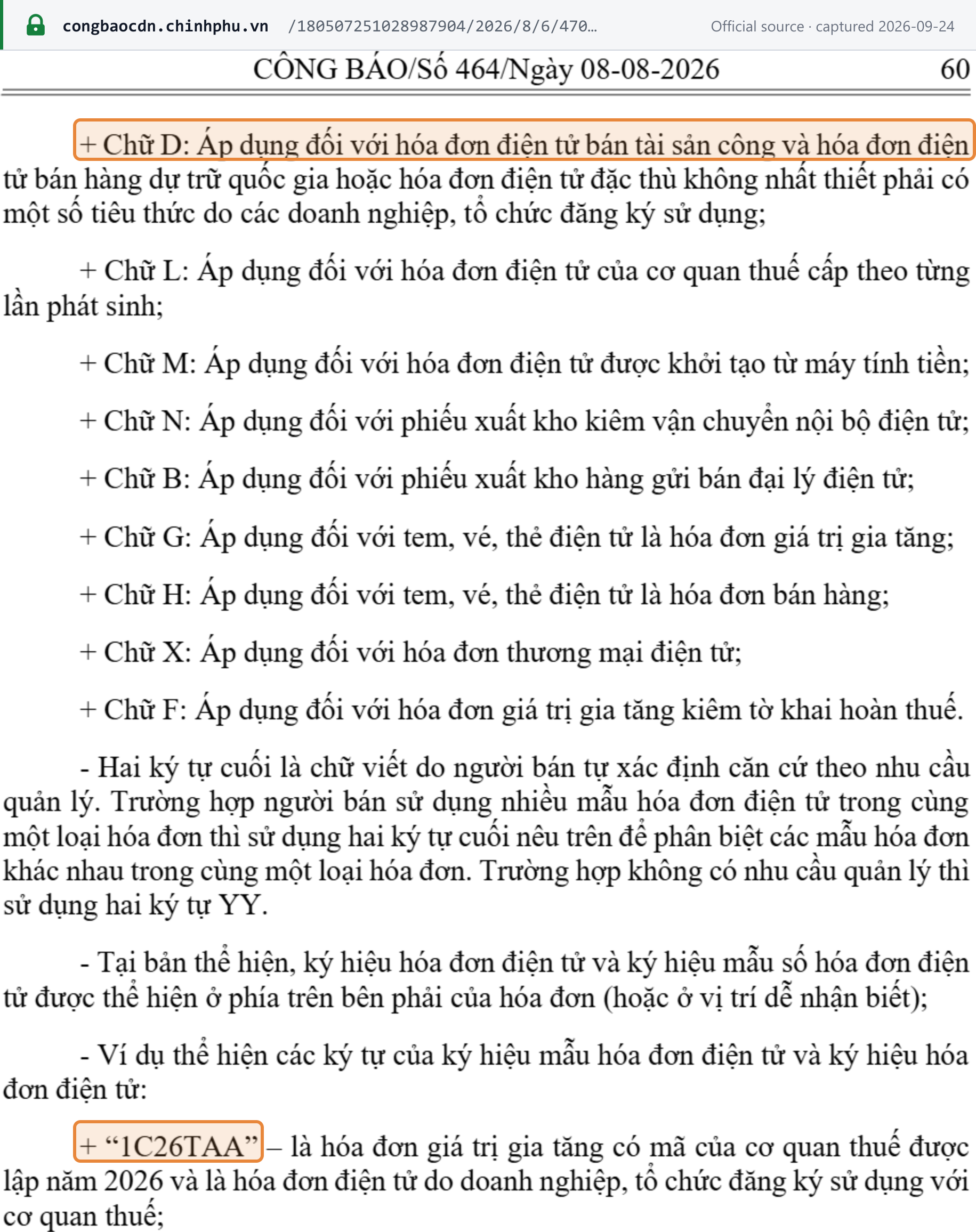 Source snapshot — Circular 91/2026 Annex I: type letters D, L, M, N, B, G, H, X and F; two seller-chosen letters or YY; symbols shown top right; the example 1C26TAA